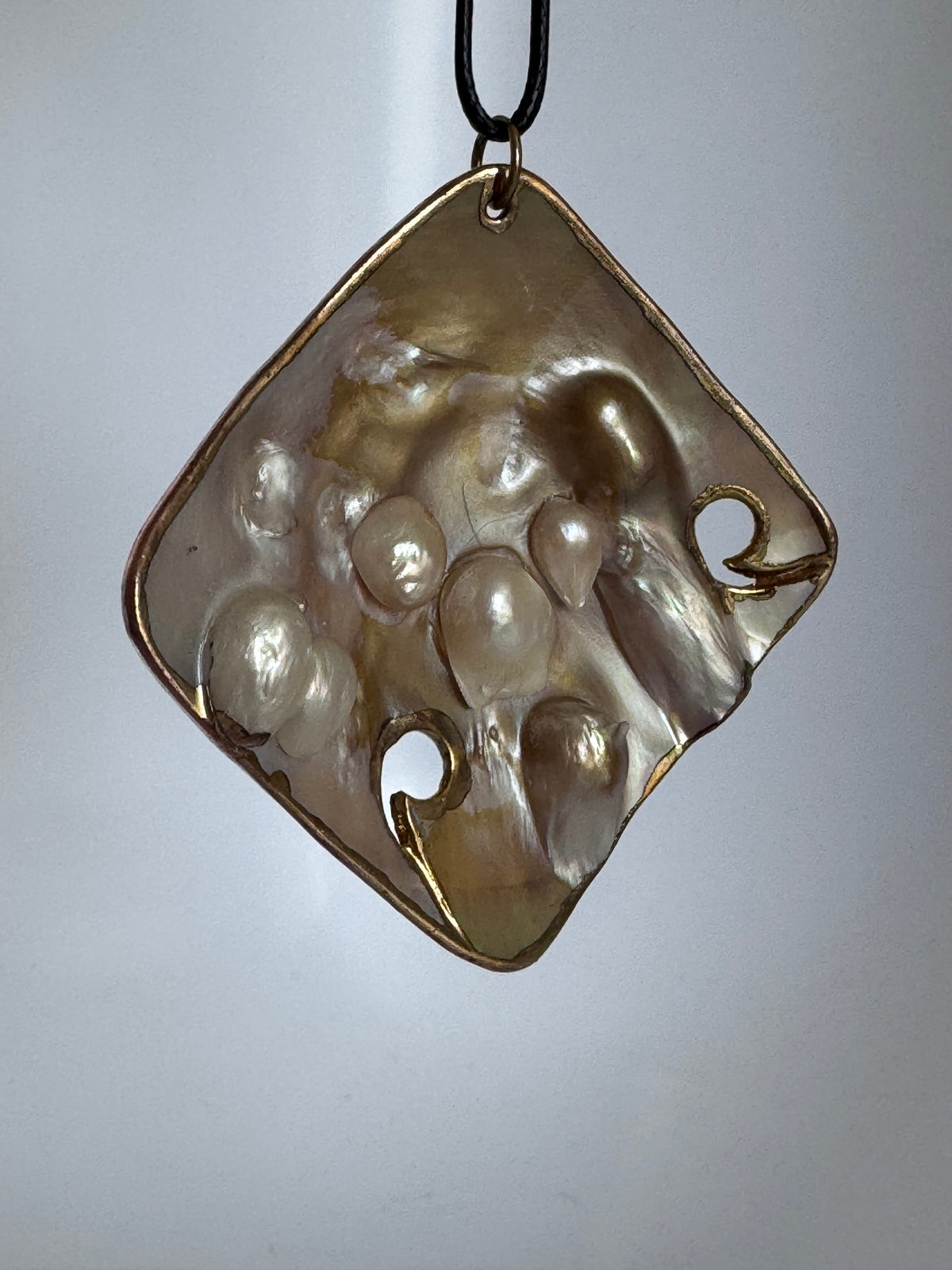 Vintage Large Square Blister Pearl Mother of Pearl Pendant Necklace Gold Foil Edges