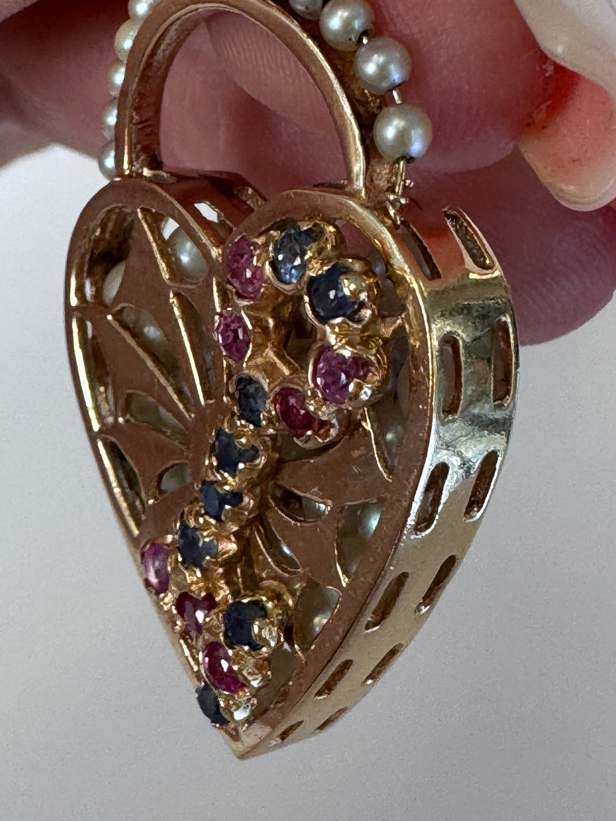 Mid century 14K gold key to my heart charm with rubies sapphires and rattling pearls inside heart lock, vintage charm bracelet piece