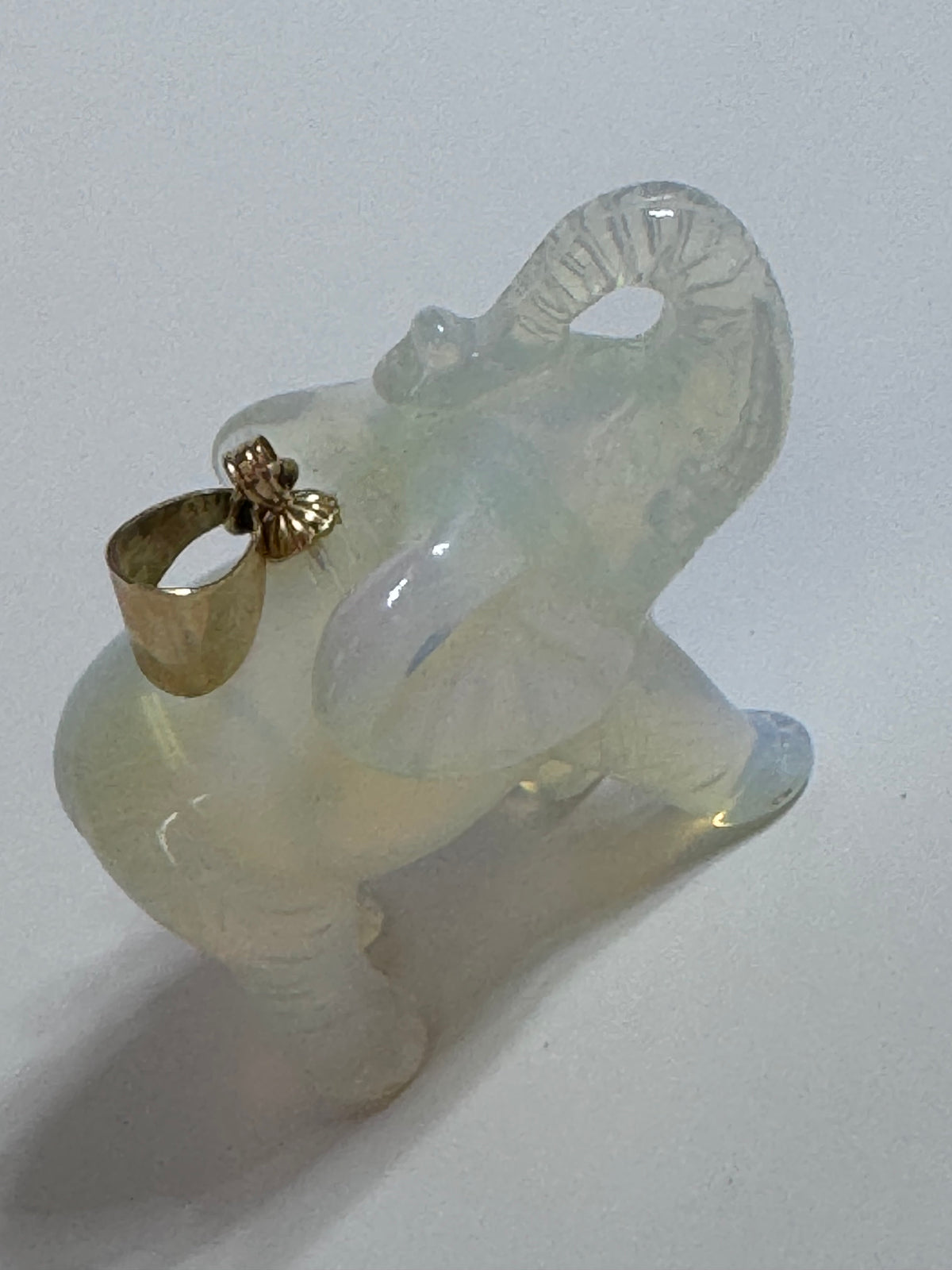 
Large hand carved opal elephant pendant with 14K gold bail, trunk up position, estate jewelry good luck charm