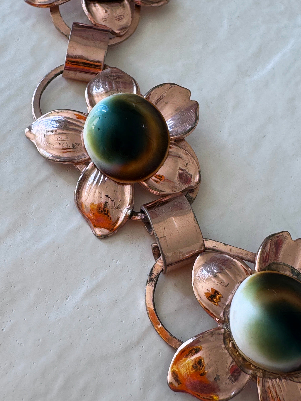 Vintage Rose Gold Filled Operculum Flower Bracelet 7 Inches Evil Eye Protection