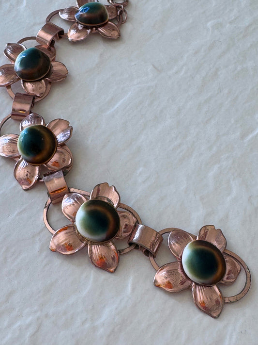 Vintage Rose Gold Filled Operculum Flower Bracelet 7 Inches Evil Eye Protection