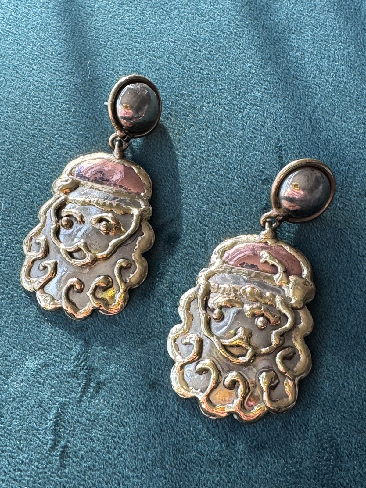 Vintage Mexican Tri Tone Santa Claus Brooch Pendant Earrings Set Hecho en Mexico