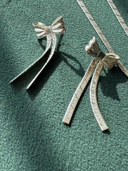 Vintage Italian Sterling Silver Bow Necklace and Bracelet Set Textured Chain