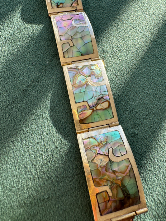 Vintage Mexican Sterling Silver Abalone Shell Inlay Hinged Panel Bracelet Iridescent Ocean Color Seven Inches