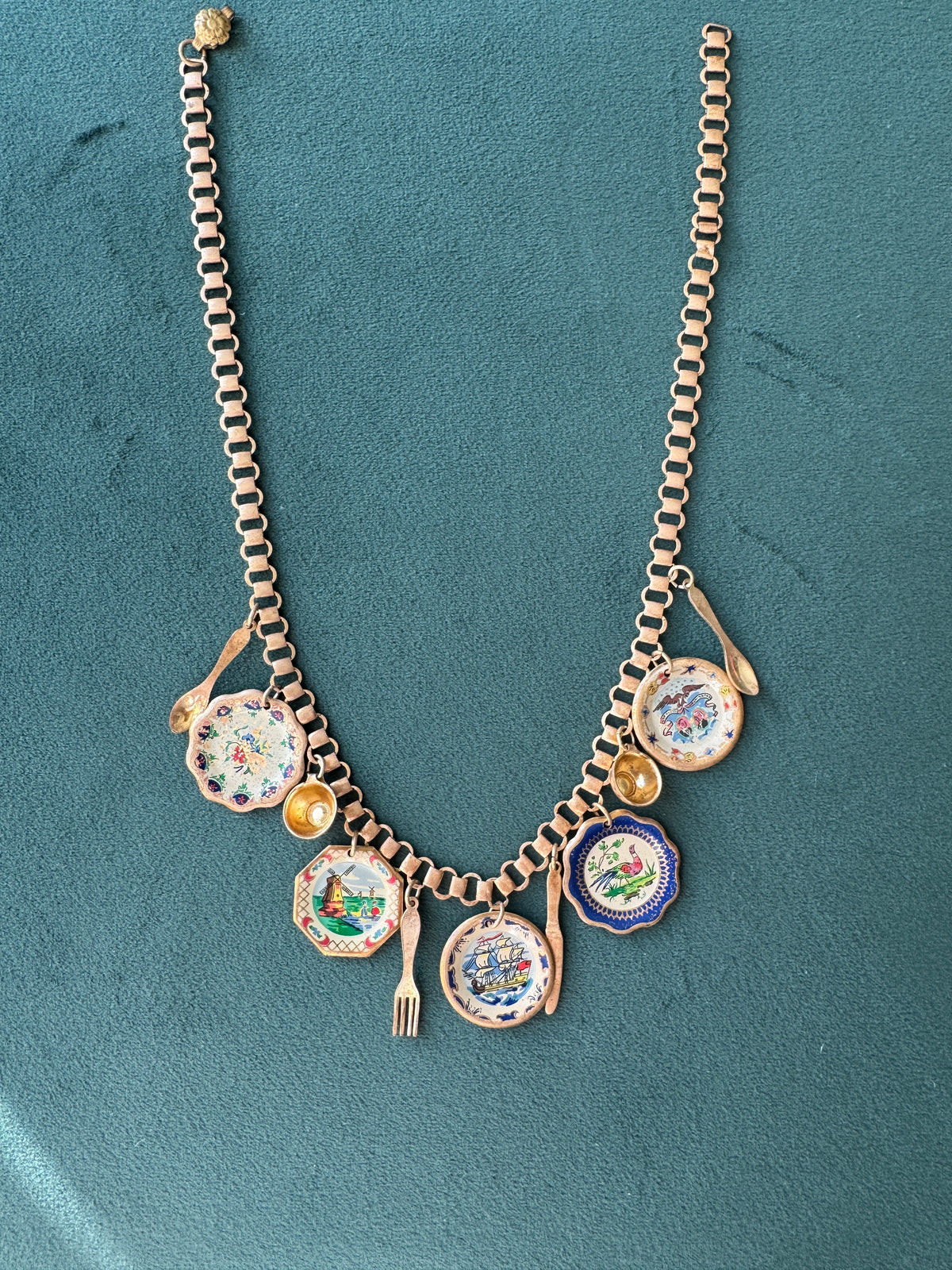 Vintage Gold Tone Book Chain Charm Necklace Miniature Enamel Plates Tall Ship Windmill Fork Spoon