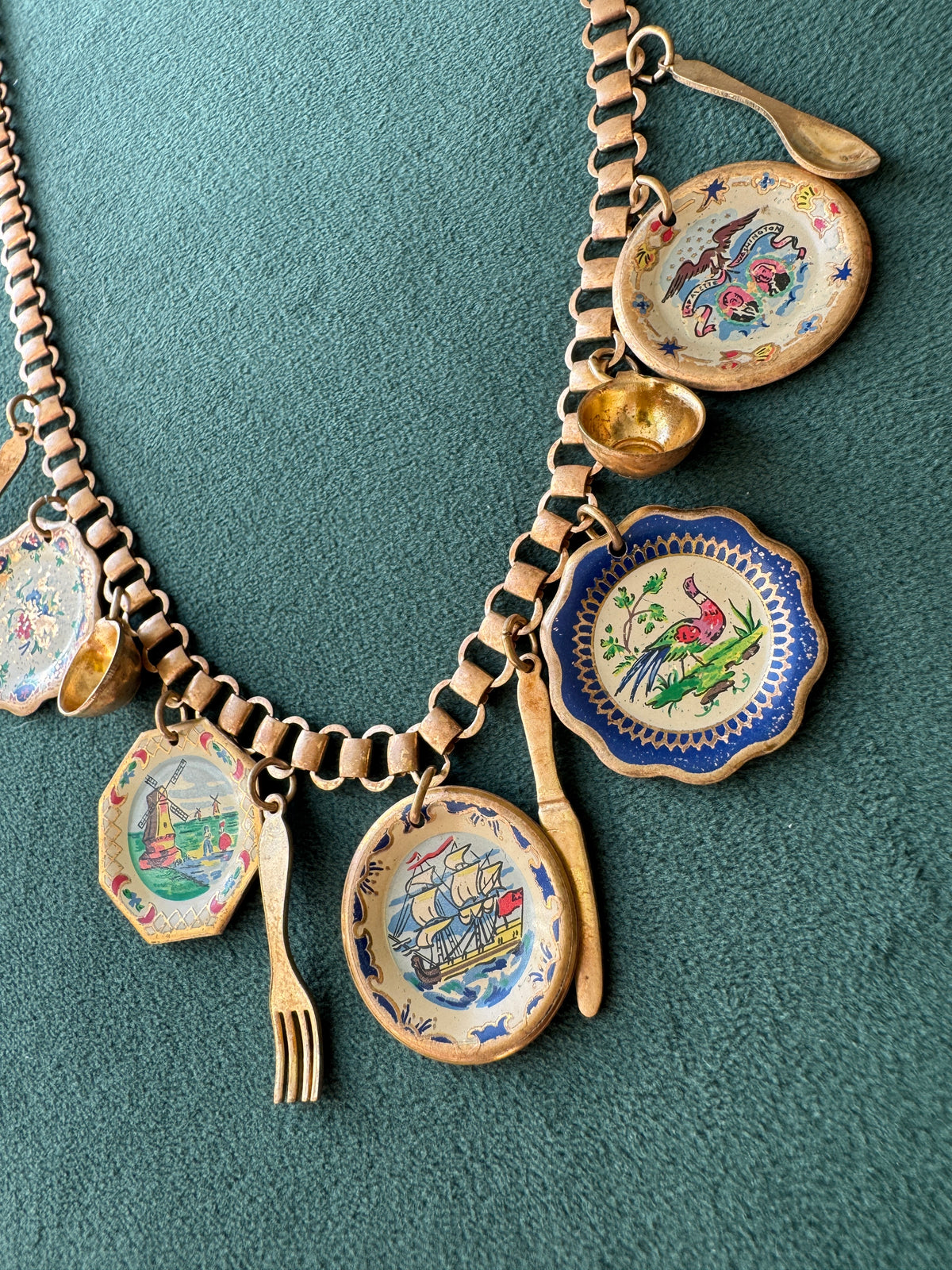 Vintage Gold Tone Book Chain Charm Necklace Miniature Enamel Plates Tall Ship Windmill Fork Spoon
