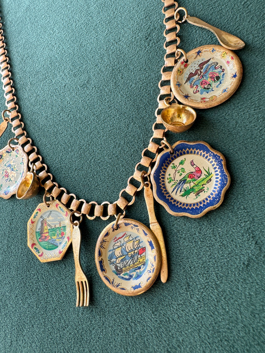 Vintage Gold Tone Book Chain Charm Necklace Miniature Enamel Plates Tall Ship Windmill Fork Spoon