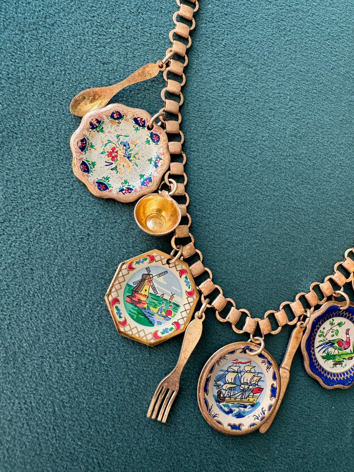 Vintage Gold Tone Book Chain Charm Necklace Miniature Enamel Plates Tall Ship Windmill Fork Spoon