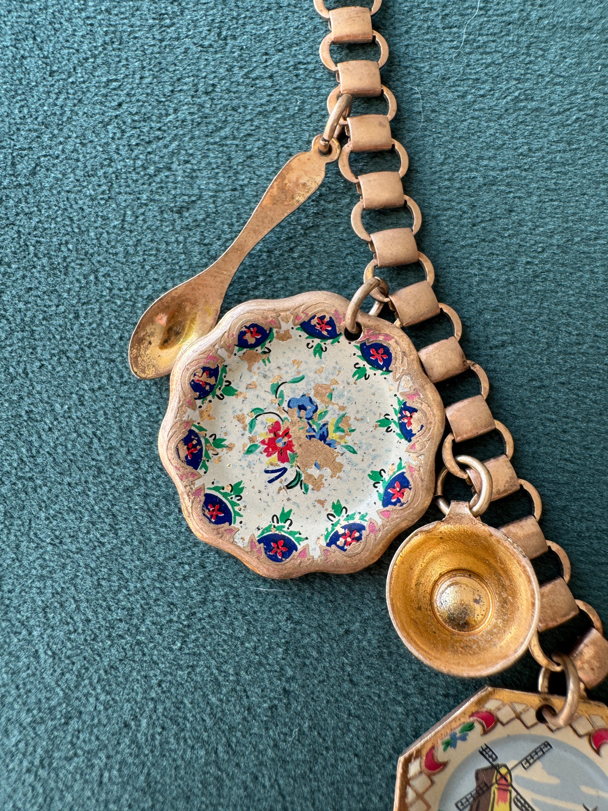 Vintage Gold Tone Book Chain Charm Necklace Miniature Enamel Plates Tall Ship Windmill Fork Spoon