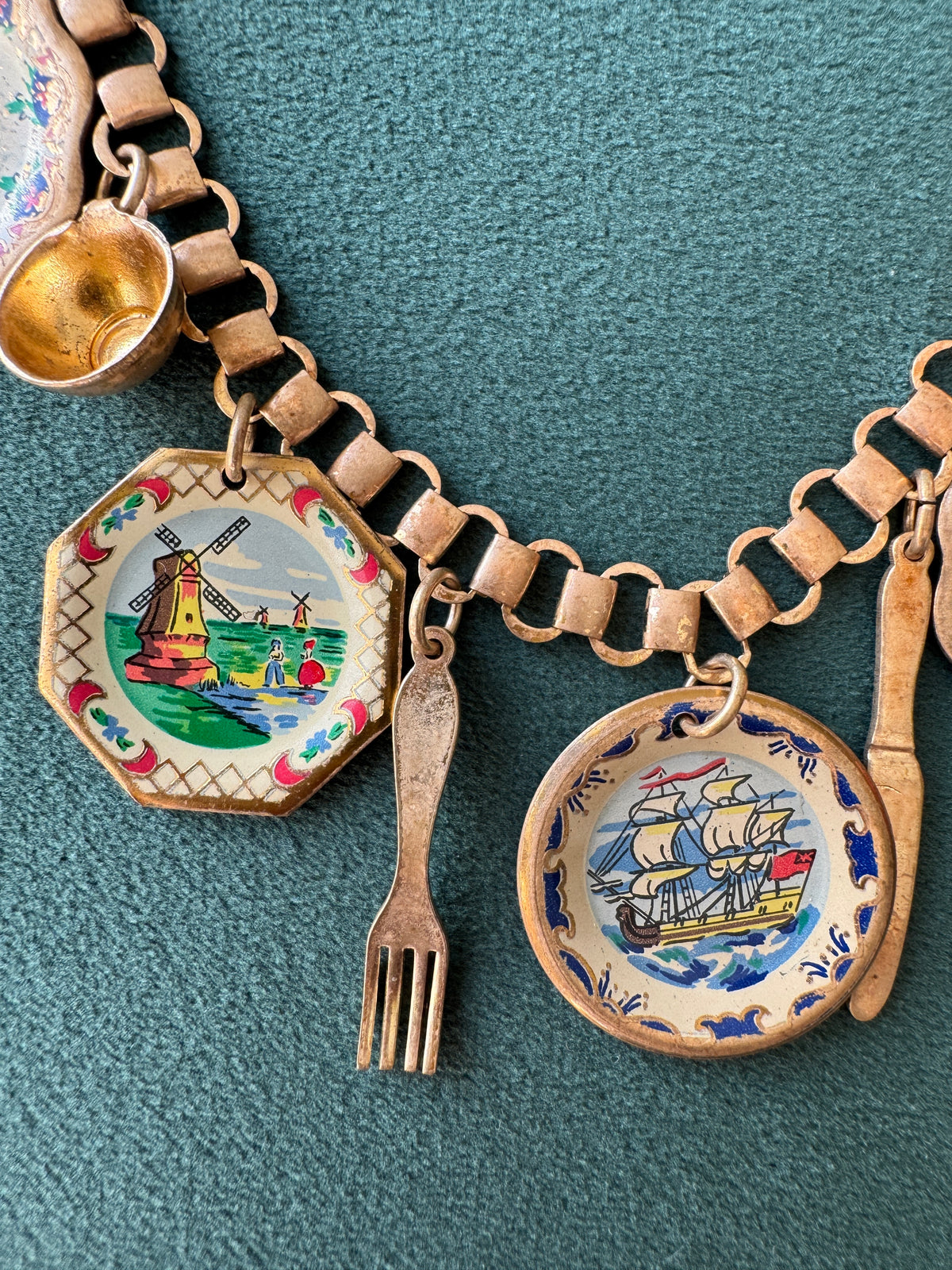 Vintage Gold Tone Book Chain Charm Necklace Miniature Enamel Plates Tall Ship Windmill Fork Spoon