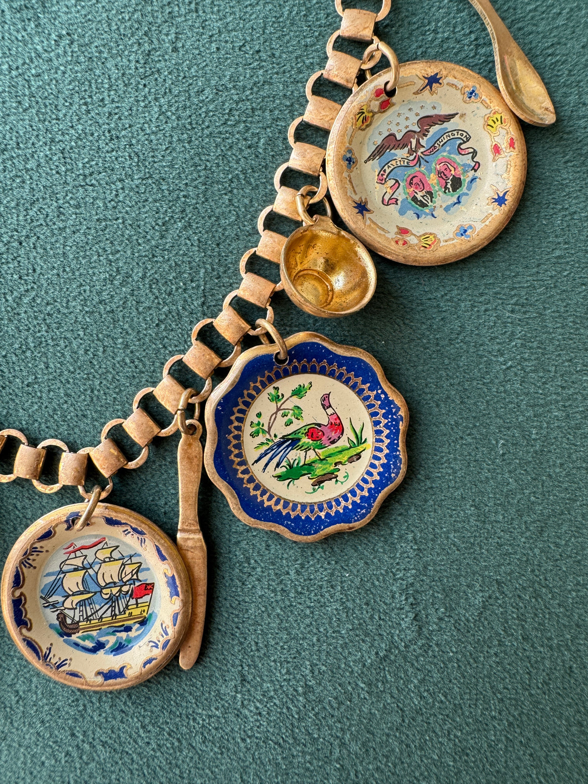 Vintage Gold Tone Book Chain Charm Necklace Miniature Enamel Plates Tall Ship Windmill Fork Spoon