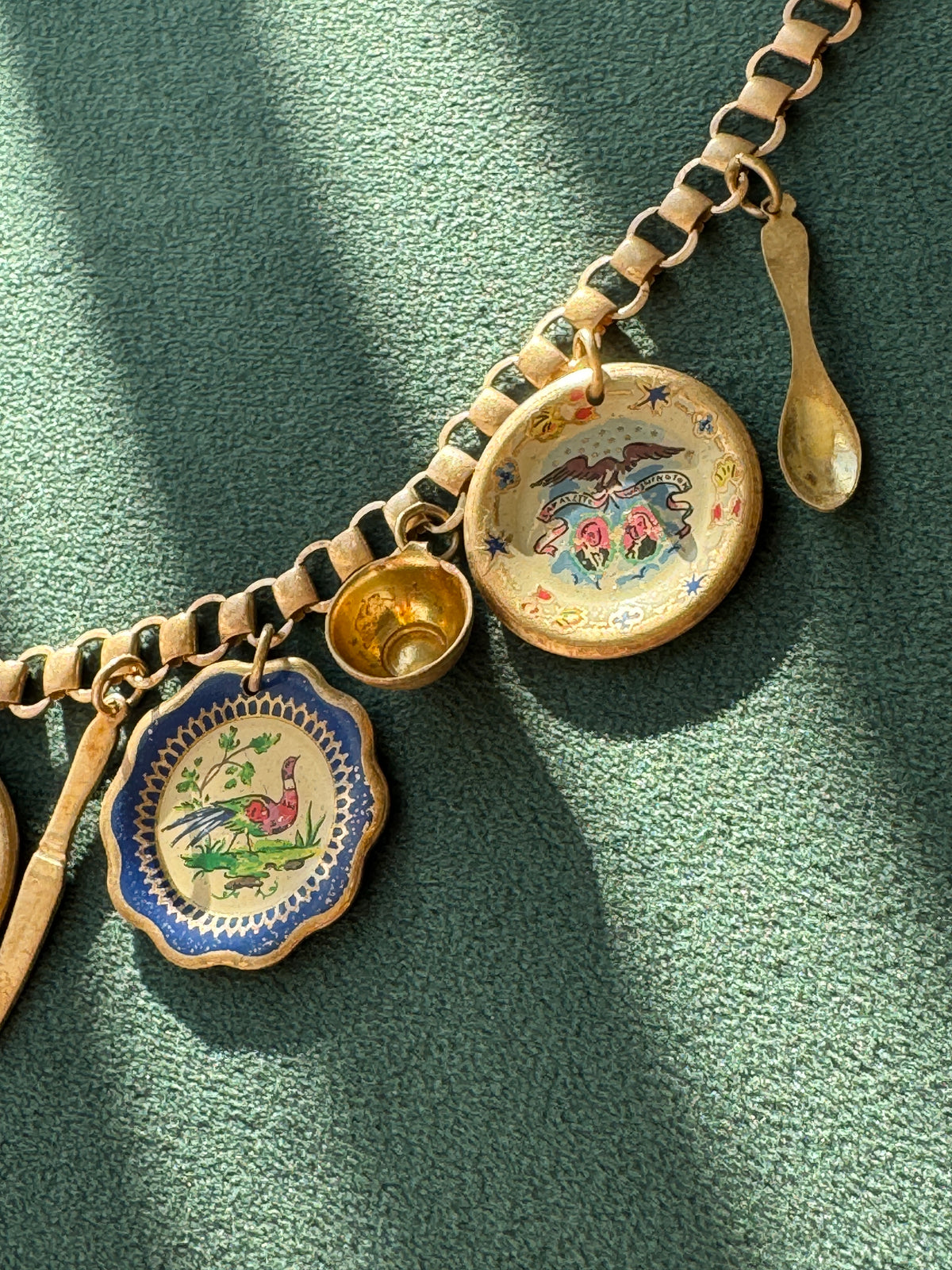 Vintage Gold Tone Book Chain Charm Necklace Miniature Enamel Plates Tall Ship Windmill Fork Spoon