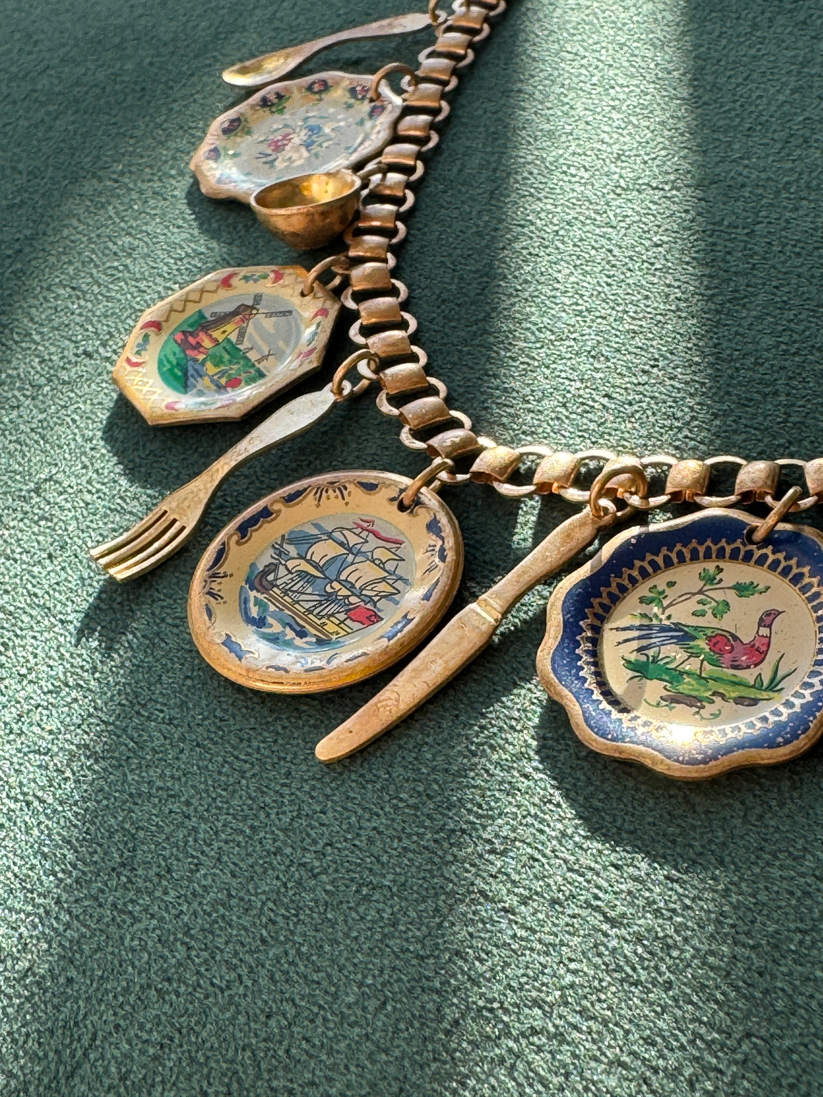 Vintage Gold Tone Book Chain Charm Necklace Miniature Enamel Plates Tall Ship Windmill Fork Spoon