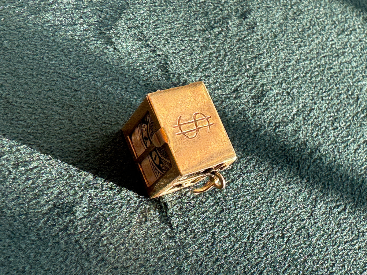 Vintage 14K Gold Mad Money Box Charm Pendant Opens to Reveal Real Dollar Bill
