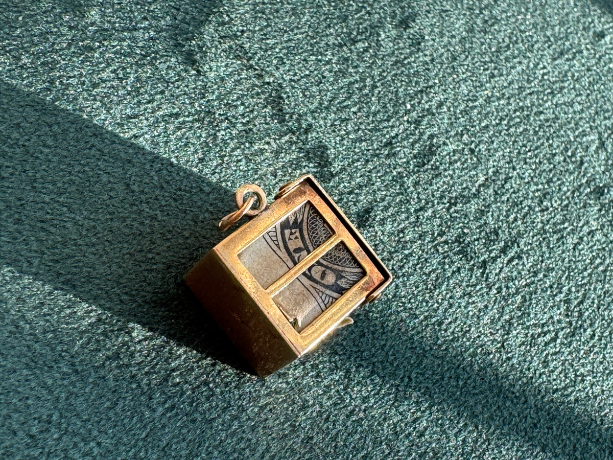 Vintage 14K Gold Mad Money Box Charm Pendant Opens to Reveal Real Dollar Bill