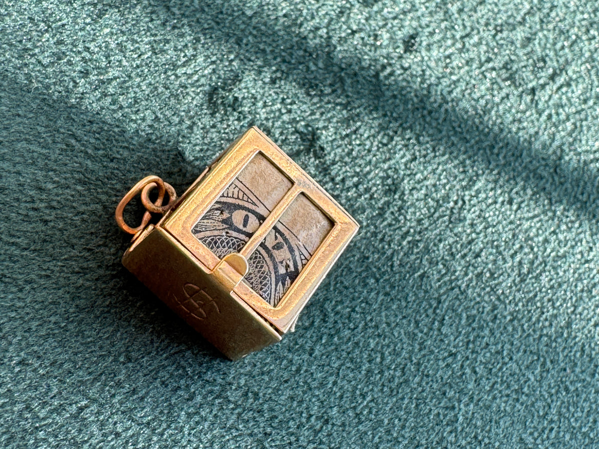 Vintage 14K Gold Mad Money Box Charm Pendant Opens to Reveal Real Dollar Bill