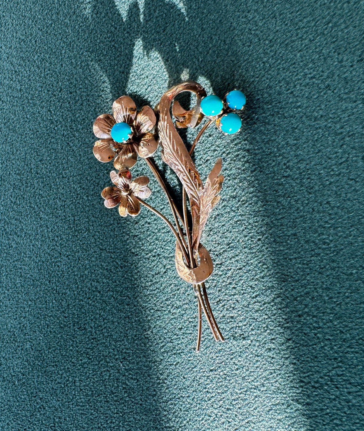 Vintage 1940s Rose Gold Floral Bouquet Brooch Turquoise Cabochons