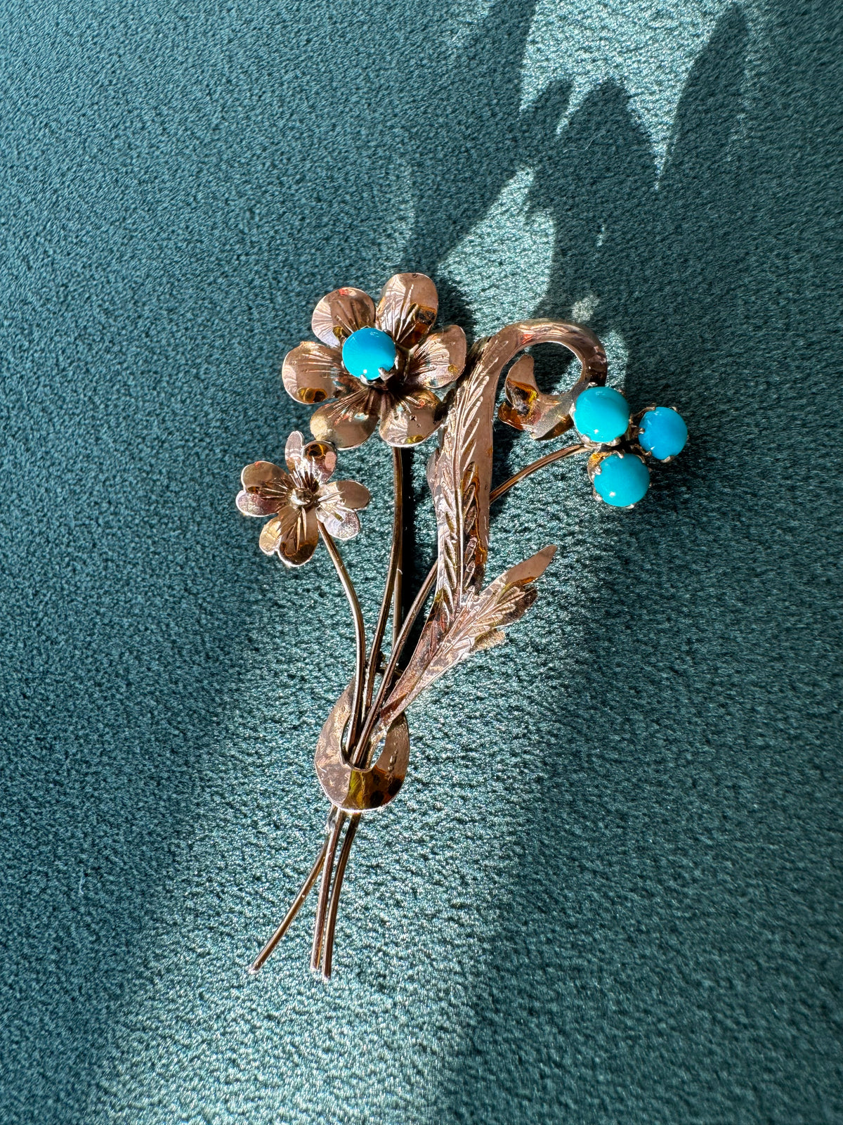 Vintage 1940s Rose Gold Floral Bouquet Brooch Turquoise Cabochons