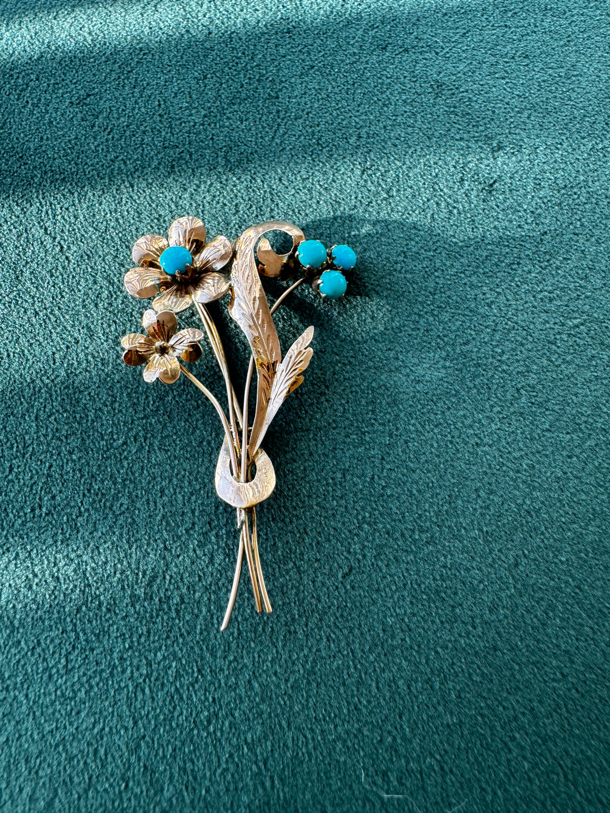 Vintage 1940s Rose Gold Floral Bouquet Brooch Turquoise Cabochons