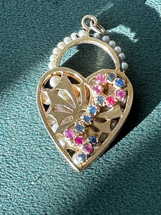Mid-Century 14K Gold Key Heart Charm Pendant Ruby Sapphire Seed Pearls Rattling Pearl