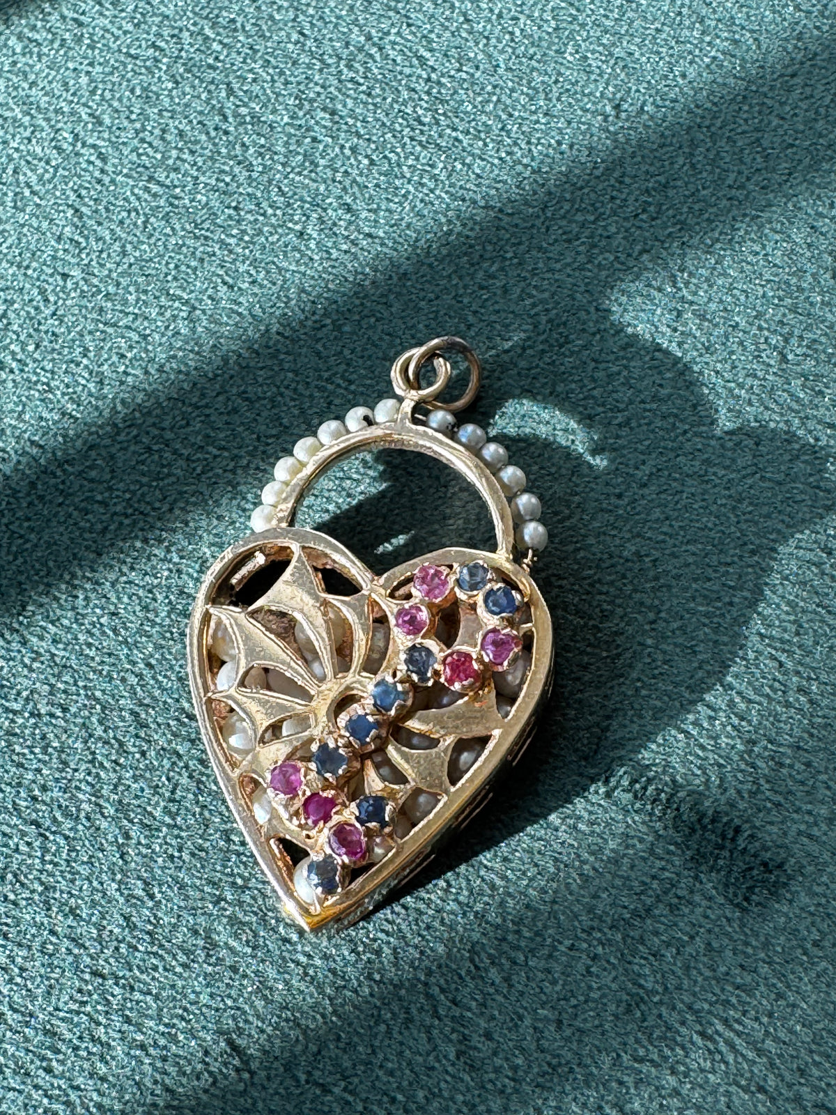 Mid-Century 14K Gold Key Heart Charm Pendant Ruby Sapphire Seed Pearls Rattling Pearl