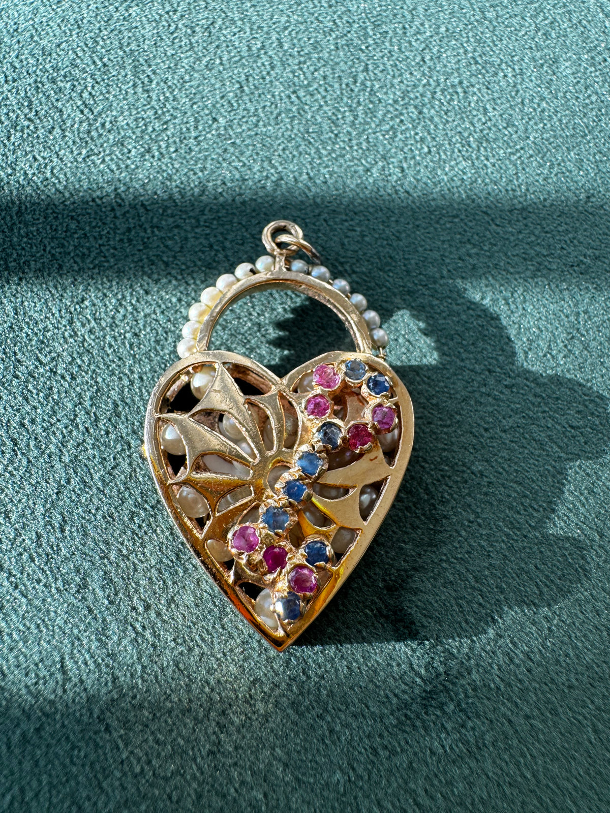 Mid-Century 14K Gold Key Heart Charm Pendant Ruby Sapphire Seed Pearls Rattling Pearl