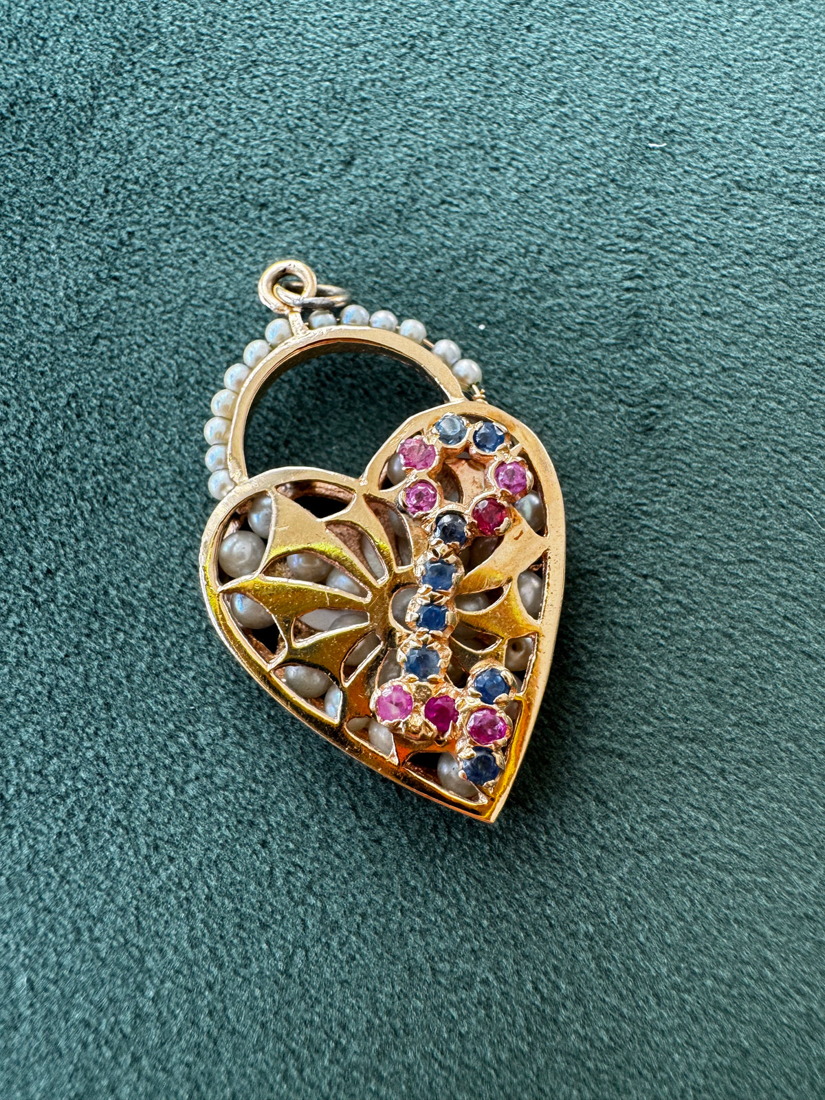 Mid-Century 14K Gold Key Heart Charm Pendant Ruby Sapphire Seed Pearls Rattling Pearl