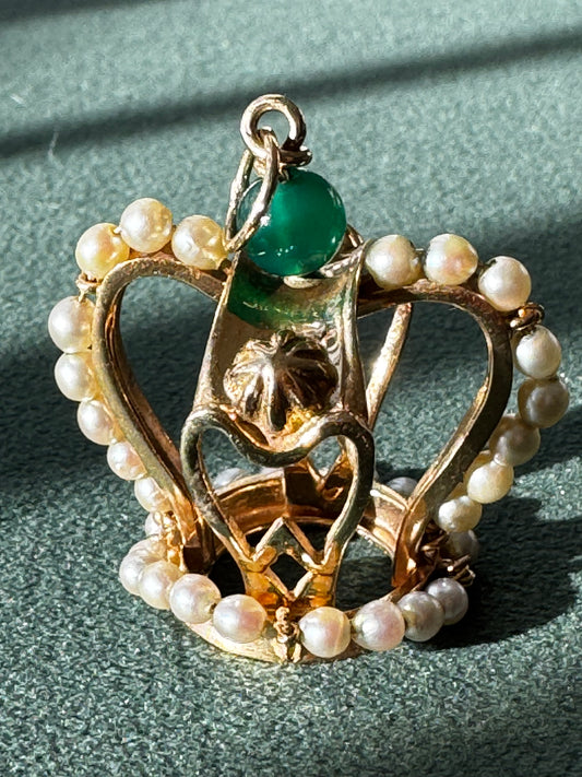 Mid-Century Vintage 14K Gold Crown Pendant Natural Jade Pearl Accents Royal Design