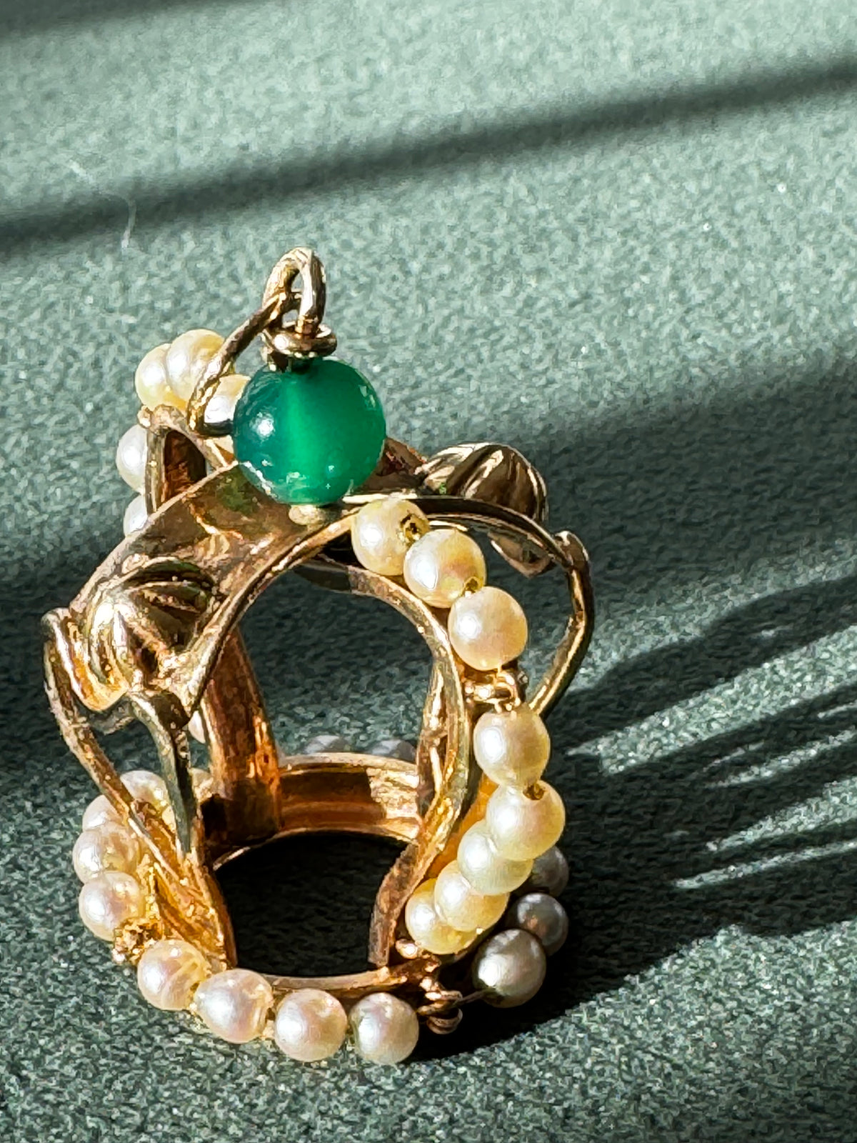 Mid-Century Vintage 14K Gold Crown Pendant Natural Jade Pearl Accents Royal Design