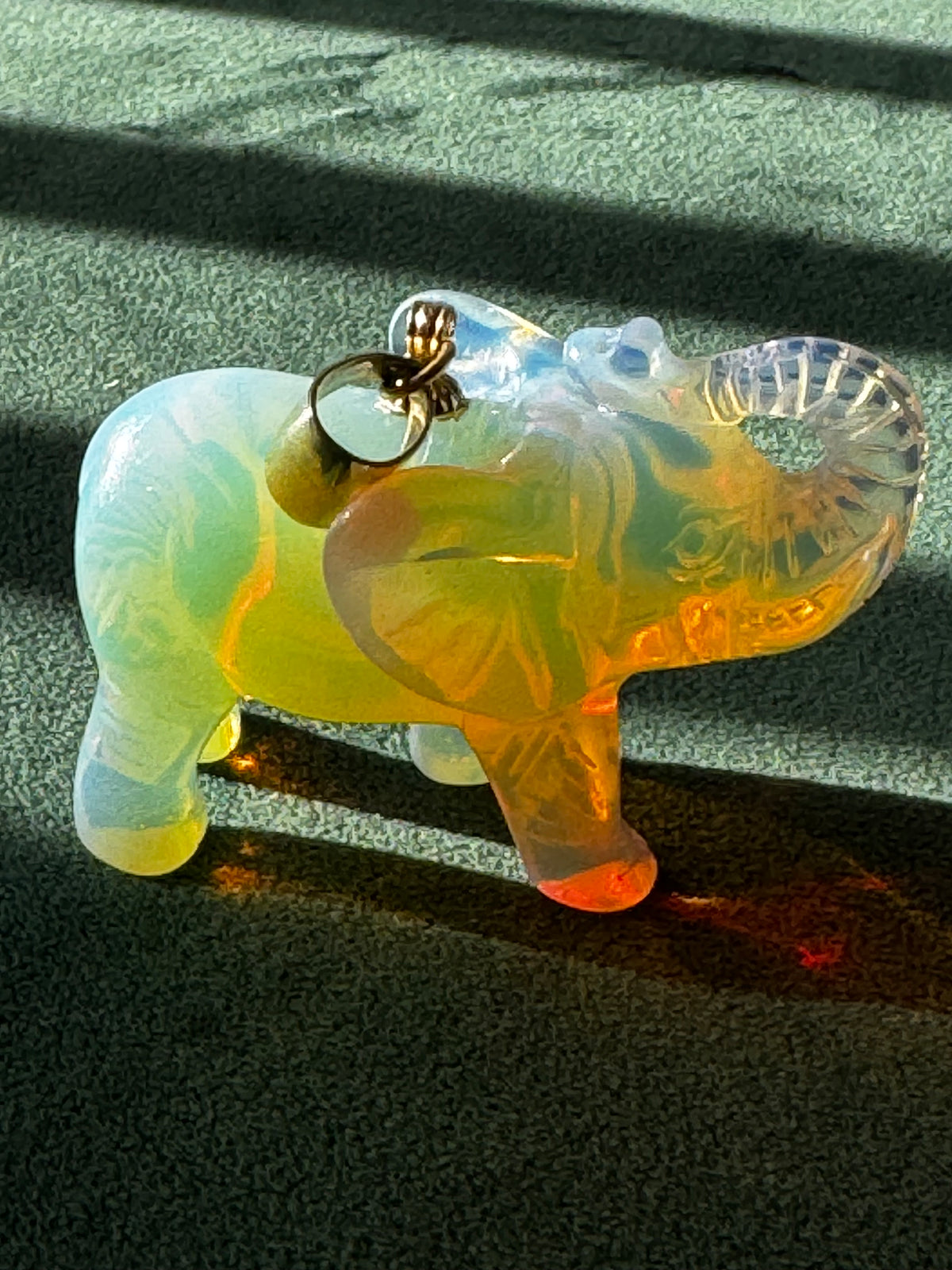 Large Hand Carved Opal Elephant Pendant 14K Gold Good Luck Charm