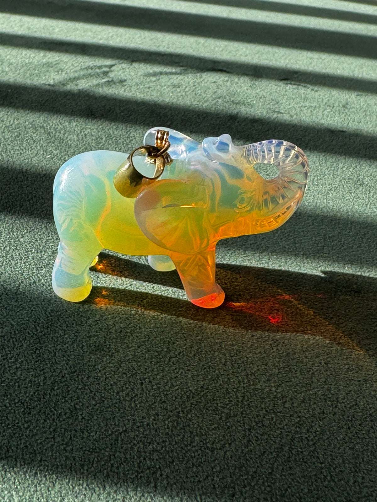 Large Hand Carved Opal Elephant Pendant 14K Gold Good Luck Charm