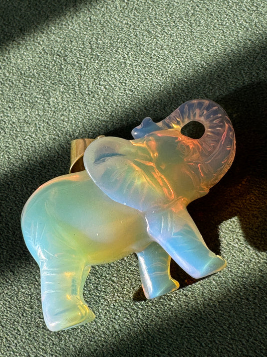 Large Hand Carved Opal Elephant Pendant 14K Gold Good Luck Charm