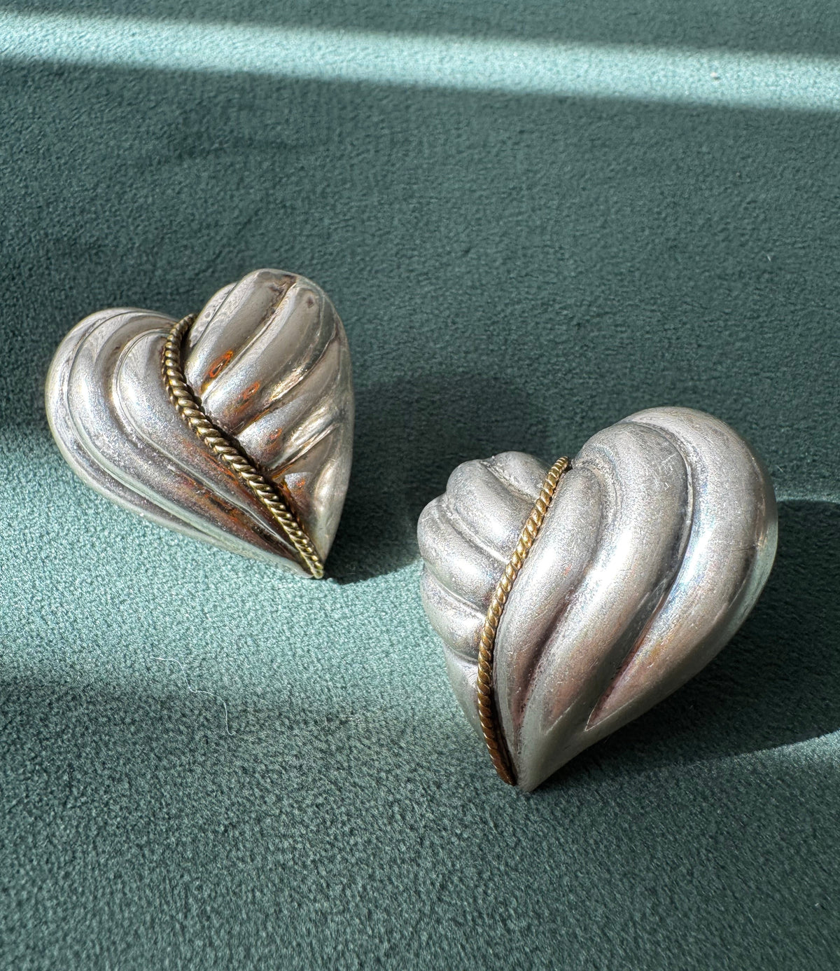 Vintage Taxco Laton Sterling Silver Puffy Heart Earrings Y2K with Brass Rope Twist Accent
