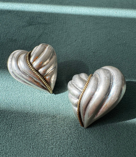 Vintage Taxco Laton Sterling Silver Puffy Heart Earrings Y2K with Brass Rope Twist Accent