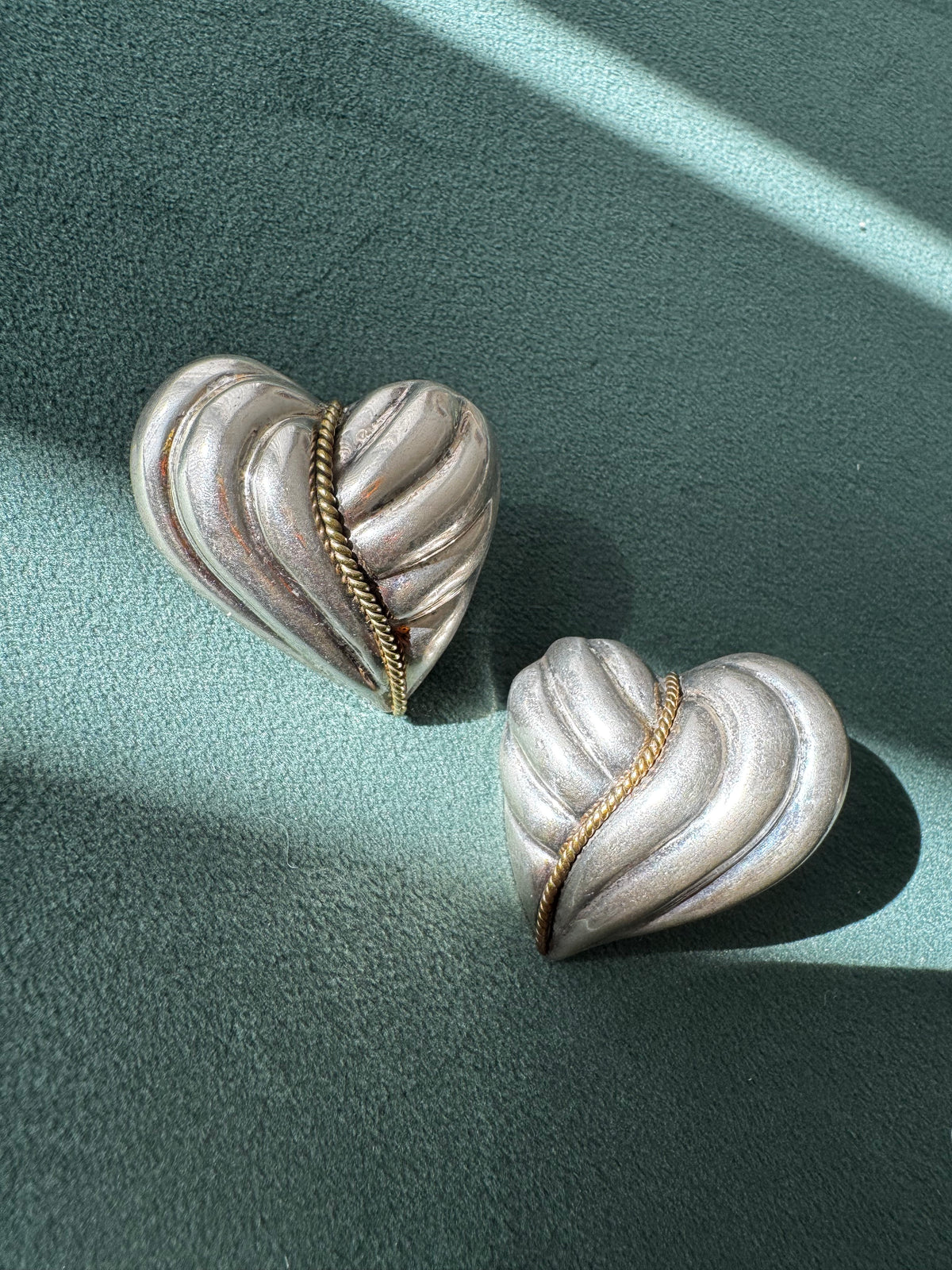 Vintage Taxco Laton Sterling Silver Puffy Heart Earrings Y2K with Brass Rope Twist Accent