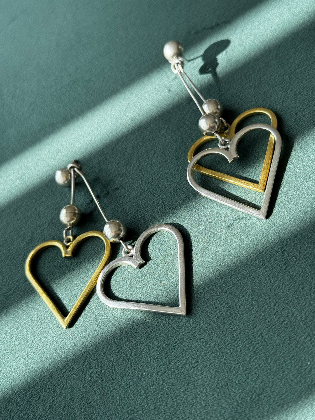 Vintage Sterling Silver Taxco Mexico Heart Dangle Earrings Y2K Modernist Statement