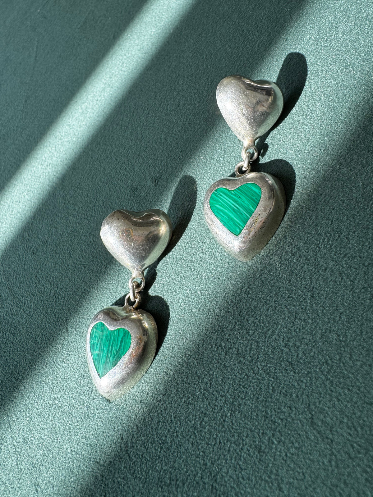 Vintage Sterling Silver Malachite Heart Drop Earrings Two Hearts Are Better Than One