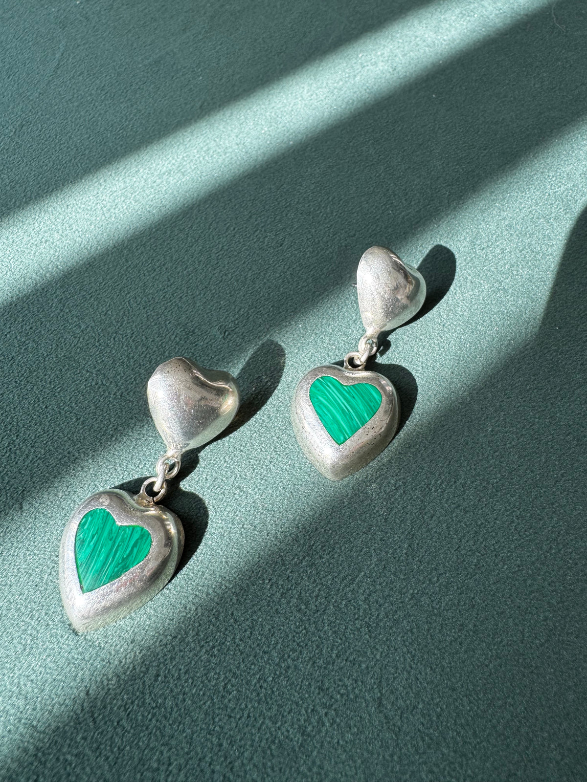 Vintage Sterling Silver Malachite Heart Drop Earrings Two Hearts Are Better Than One