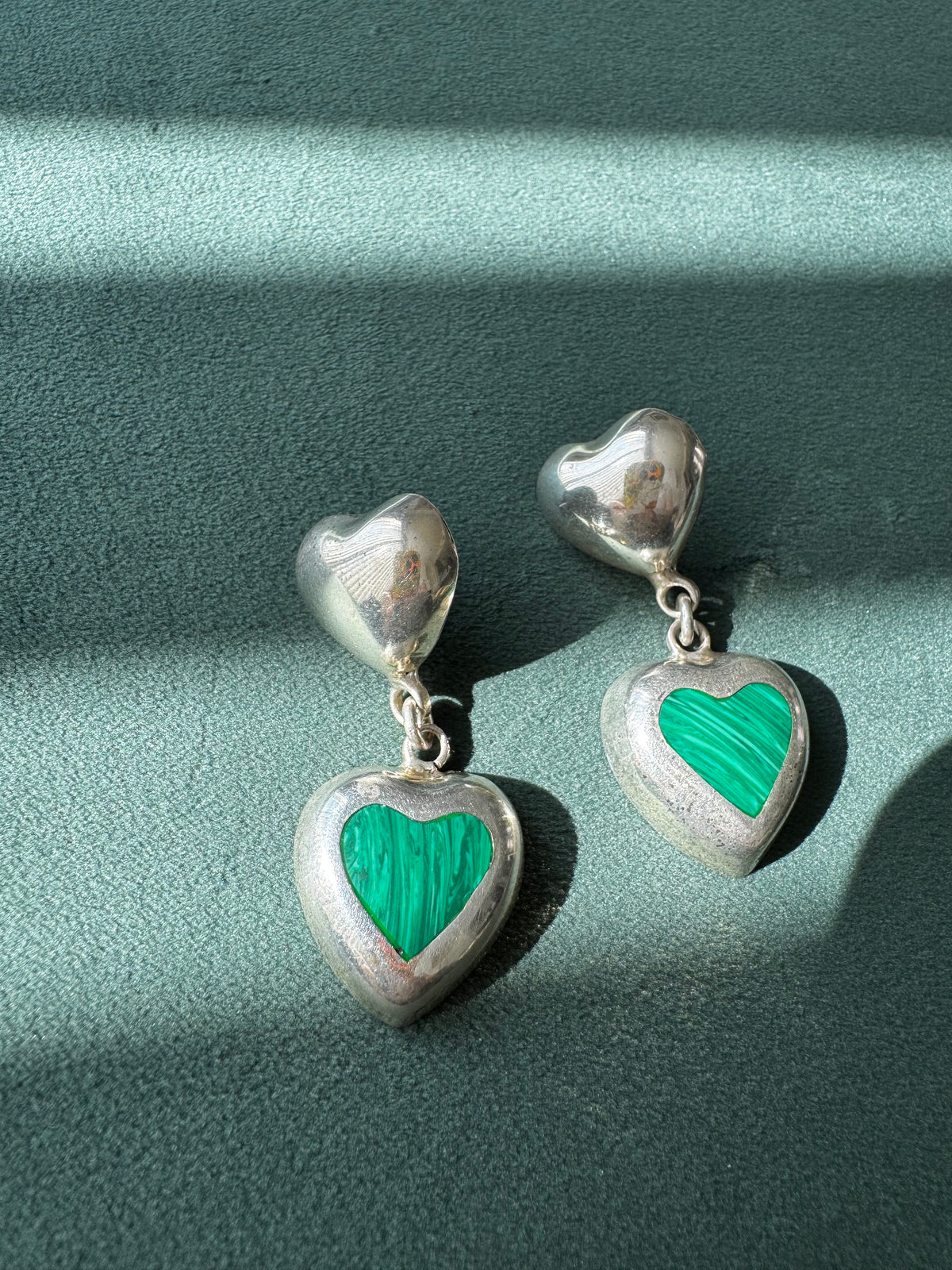 Vintage Sterling Silver Malachite Heart Drop Earrings Two Hearts Are Better Than One