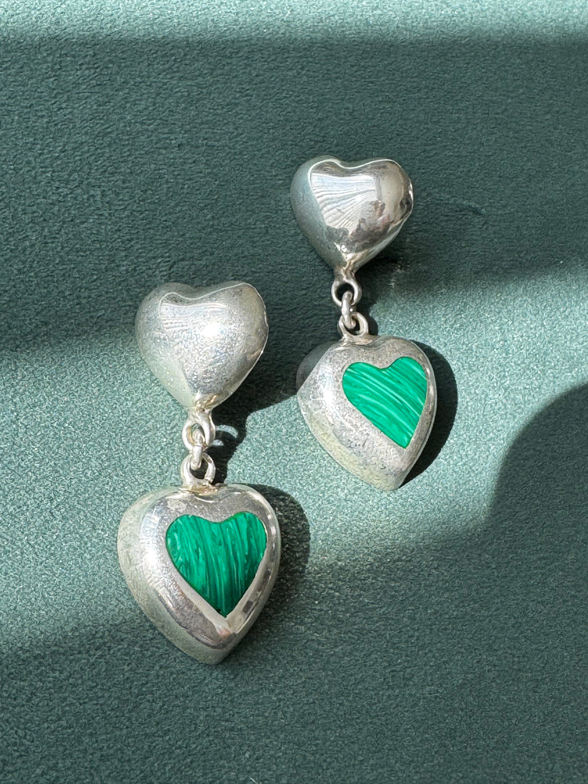 Vintage Sterling Silver Malachite Heart Drop Earrings Two Hearts Are Better Than One