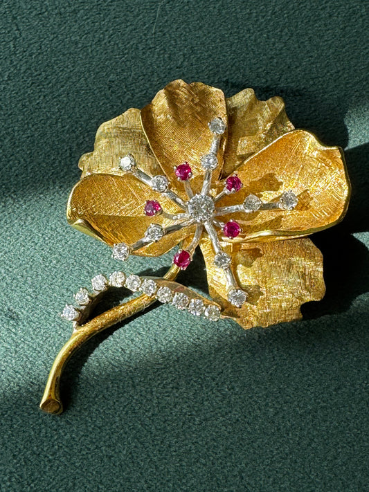 1950s 18K Gold Ruby Diamond Flower Brooch Pendant