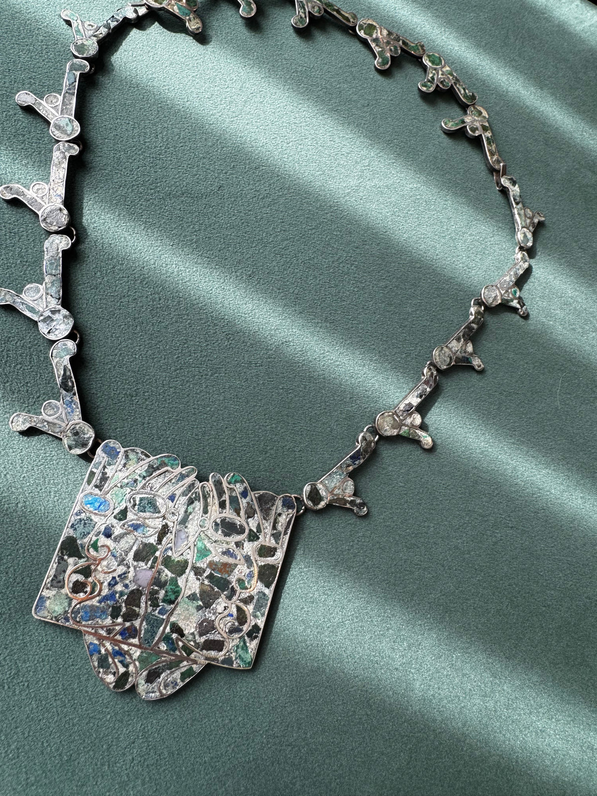 Vintage Mexican Sterling Silver Mosaic Inlay Convertible Necklace Bracelet Pre-Columbian Motif Mexico D.F.