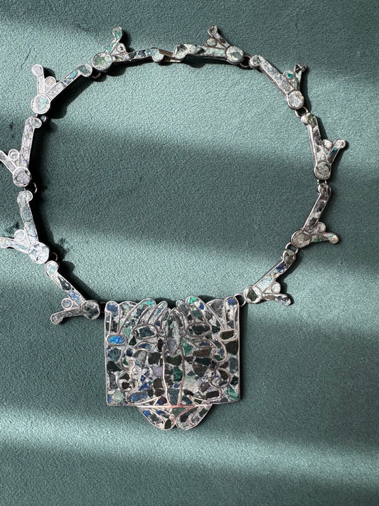 Vintage Mexican Sterling Silver Mosaic Inlay Convertible Necklace Bracelet Pre-Columbian Motif Mexico D.F.