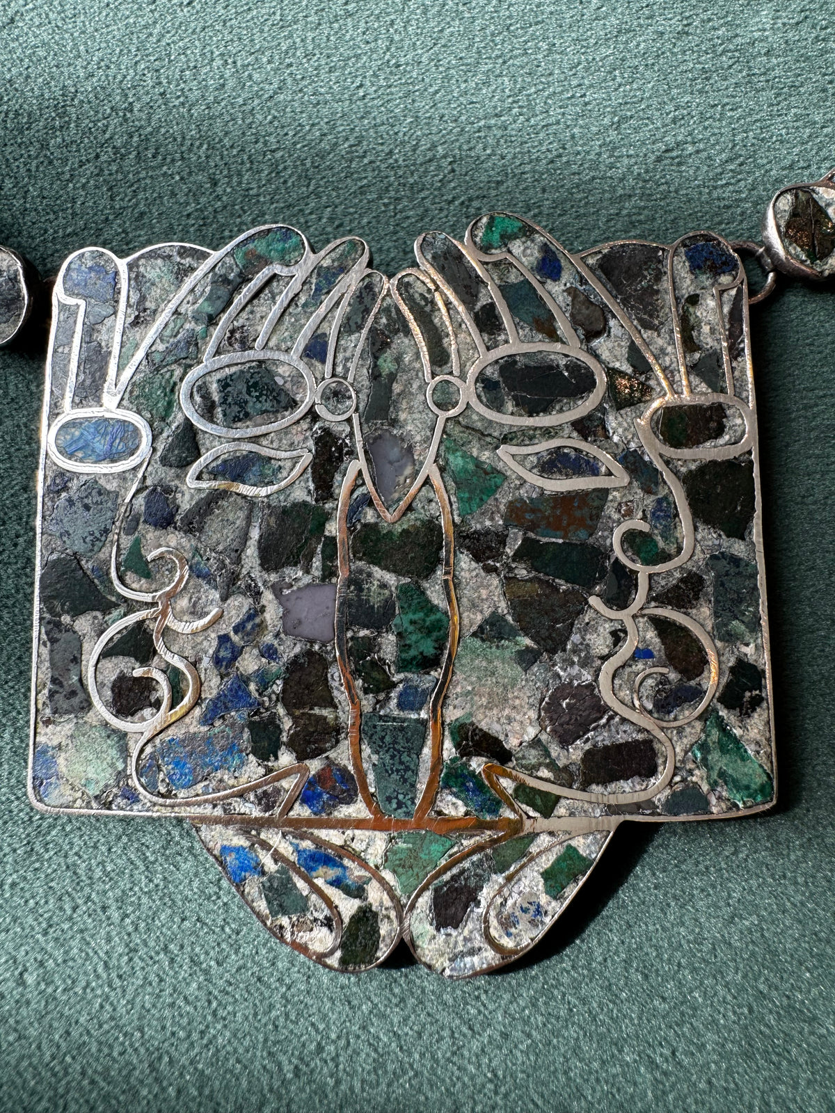 Vintage Mexican Sterling Silver Mosaic Inlay Convertible Necklace Bracelet Pre-Columbian Motif Mexico D.F.