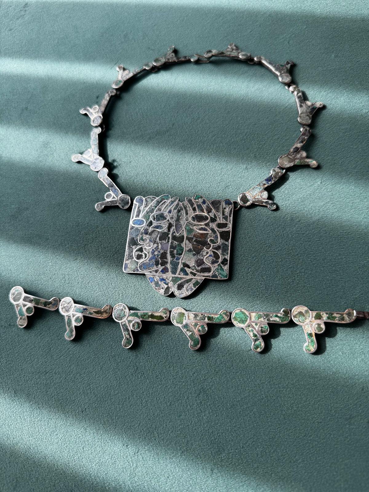 Vintage Mexican Sterling Silver Mosaic Inlay Convertible Necklace Bracelet Pre-Columbian Motif Mexico D.F.