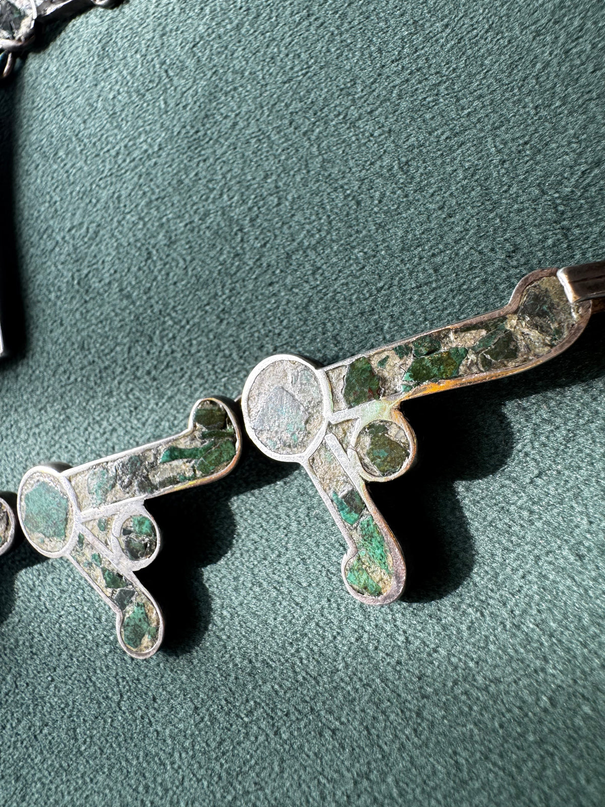Vintage Mexican Sterling Silver Mosaic Inlay Convertible Necklace Bracelet Pre-Columbian Motif Mexico D.F.
