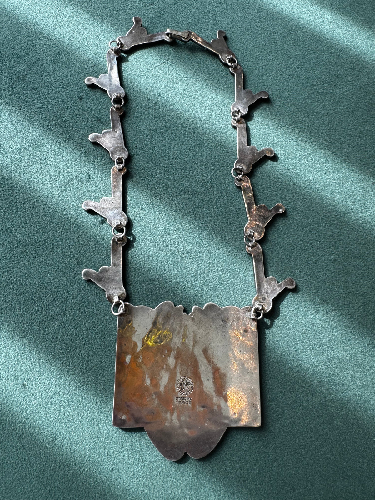 Vintage Mexican Sterling Silver Mosaic Inlay Convertible Necklace Bracelet Pre-Columbian Motif Mexico D.F.