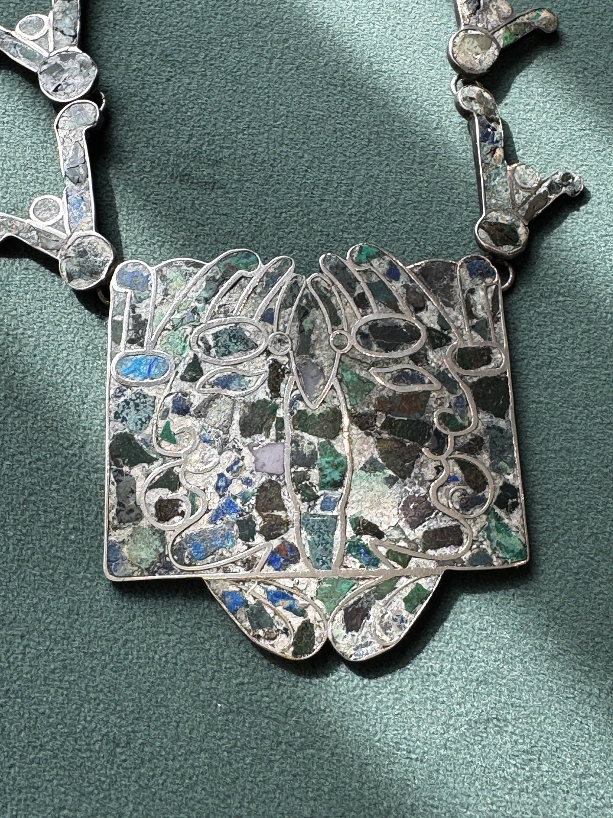 Vintage Mexican Sterling Silver Mosaic Inlay Convertible Necklace Bracelet Pre-Columbian Motif Mexico D.F.