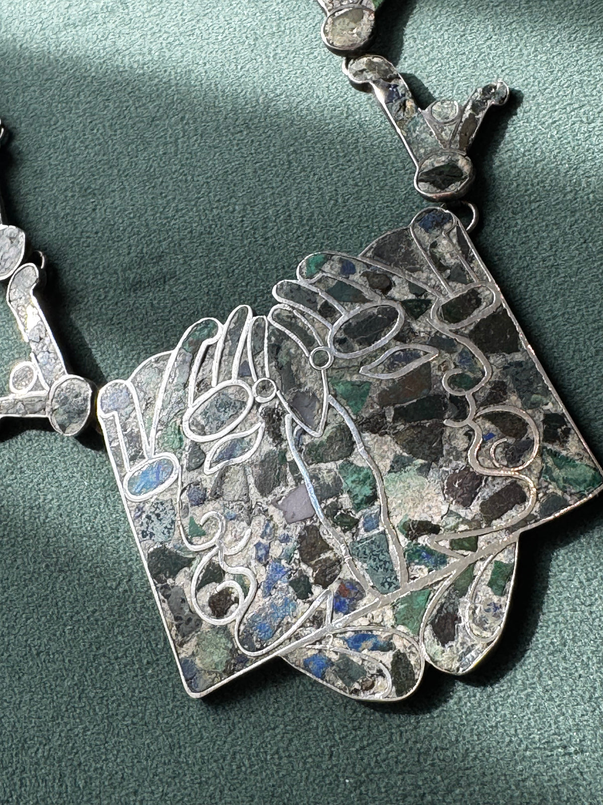 Vintage Mexican Sterling Silver Mosaic Inlay Convertible Necklace Bracelet Pre-Columbian Motif Mexico D.F.