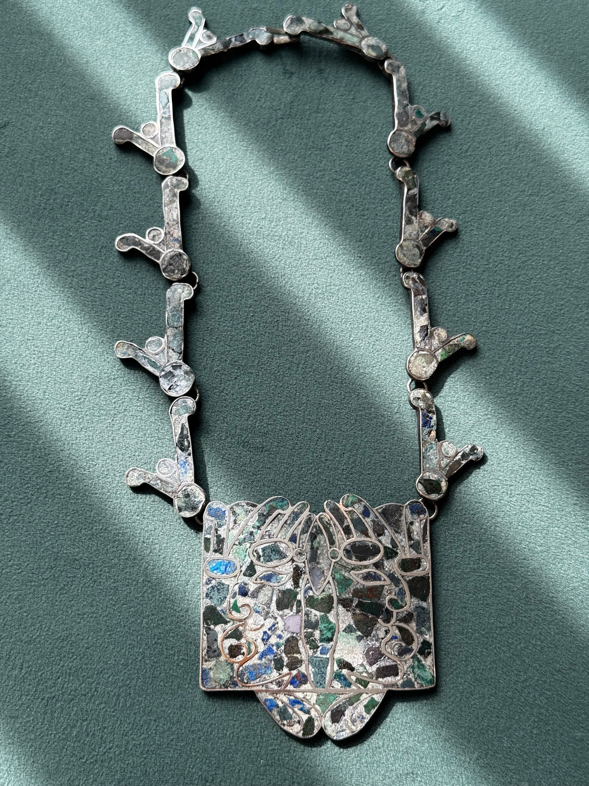 Vintage Mexican Sterling Silver Mosaic Inlay Convertible Necklace Bracelet Pre-Columbian Motif Mexico D.F.
